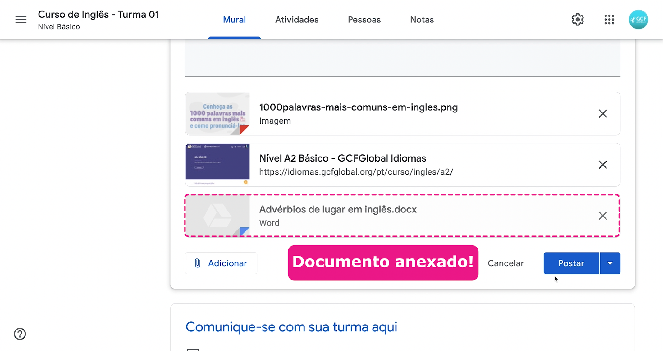 como incluir um arquivo anexo no mural do google sala de aula - imagem3